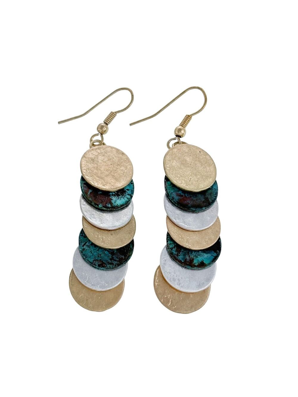 Vintage Gold-Tone Teal Multi-Disc Dangle Earrings